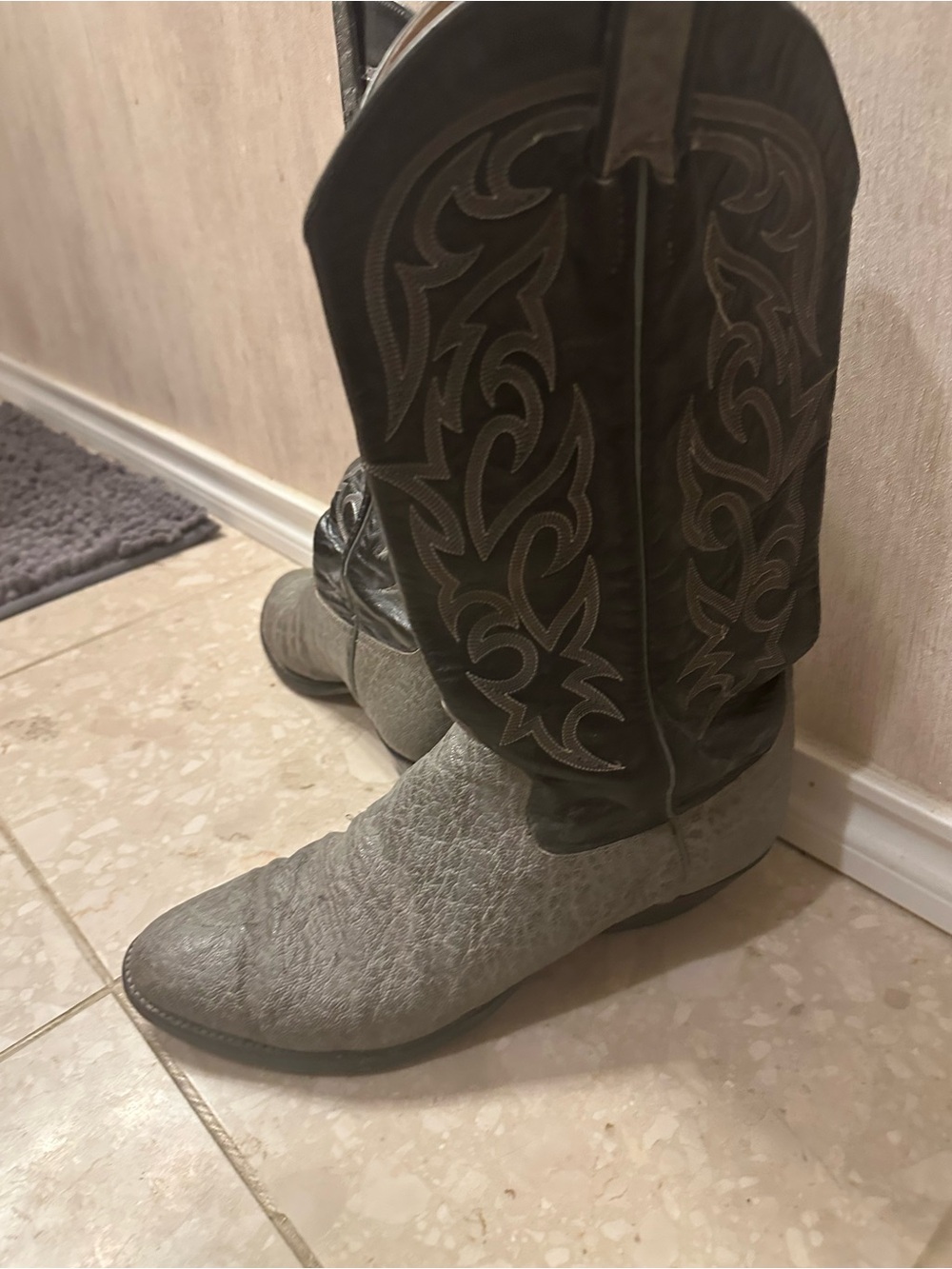 Larry Mahan Gray Elephant Foot with Black Leather Embroidered Shaft Cowboy Boots - Picture 2 of 16